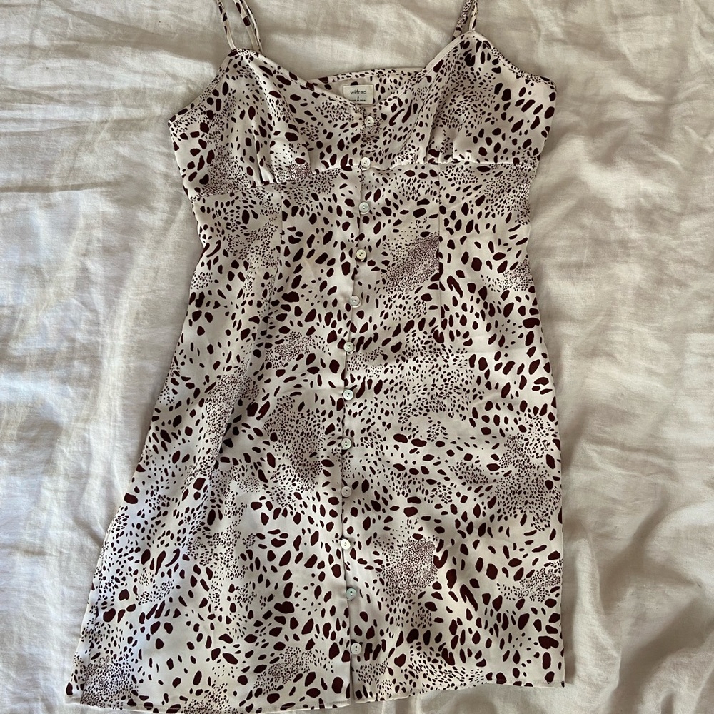Wilfred Aritzia Brown and White Patterned Silk Mini Dress